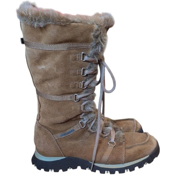 Skechers Originals Women's 5.5 Brown Leather Boots Faux Fur Side Zip Lace Ups - Picture 1 of 6